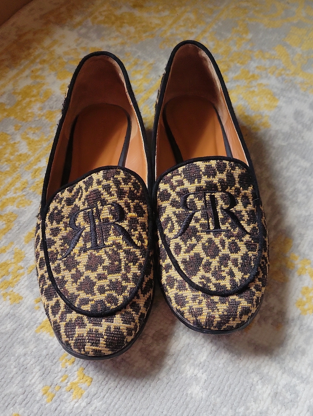 RACHEL Rachel Roy Leopard Embroidered Monogram Loafers - Black & Gold
